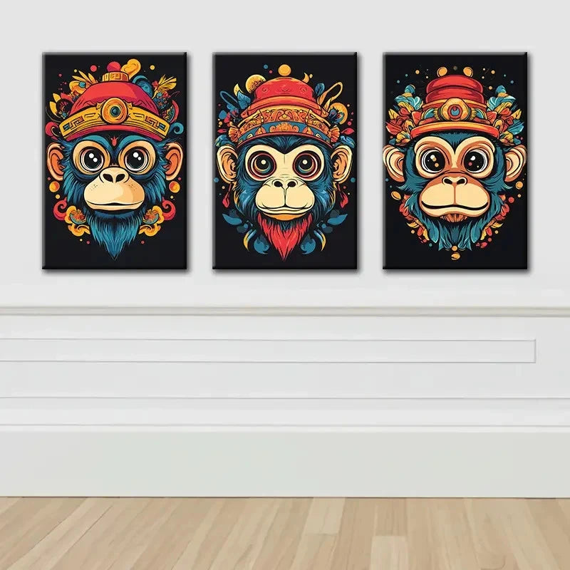 3pcs Cartoon Monkey Head Design Wall Art Set Canvas Framed 50x70cm - High Quality Print 100% Australian Made Wall Canvas Ready to Hang - Bella Home Decor