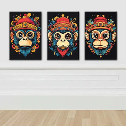 3pcs Cartoon Monkey Head Design Wall Art Set Canvas Framed 50x70cm - High Quality Print 100% Australian Made Wall Canvas Ready to Hang - Bella Home Decor