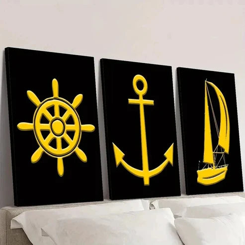 3pcs Yellow Anchor Sailboat Golden Nautical Wall Art Canvas Unframed – High Quality Print 100% Australian Made Wall Canvas