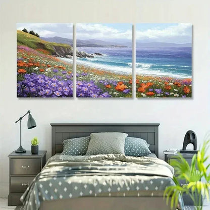3pcs Vibrant Daisy & Ocean Landscape Wall Art Set Canvas Unframed - High Quality Print 100% Australian Made Wall Canvas