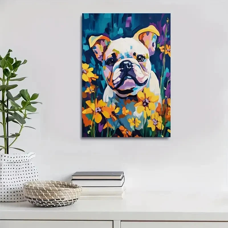 Beautiful Cute Bulldog with Vibrant Flowers Painting 40x60cm Metal Print Ready to Hang - Bella Home Decor