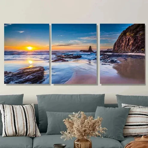 3pcs Sunset Beach Orange & Blue Seascape Wall Art Set Canvas Unframed - High Quality Print 100% Australian Made Wall Canvas