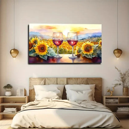 Sunflowers Wine Glasses & Wall Art Canvas Office Home Room Framed 120x60cm