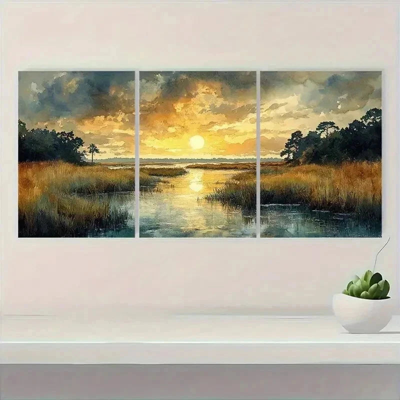 3pcs Lowcountry Marsh Landscape Perfect Wall Art Set Canvas Framed 40x60cm - High Quality Print 100% Australian Made Wall Canvas Ready to Hang - Bella Home Decor