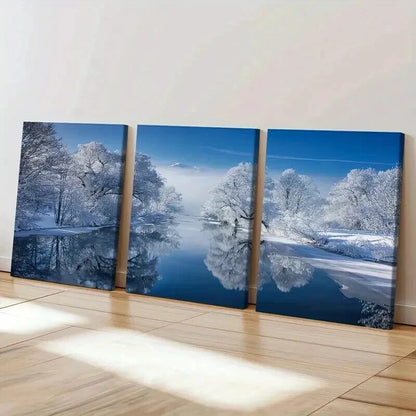 3pcs Snow Scene Forest Lake & Trees Wall Art Set Canvas Framed 60x90cm - High Quality Print 100% Australian Made Wall Canvas Ready to Hang - Bella Home Decor