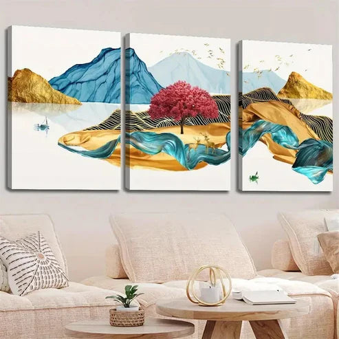3pcs Abstract Golden New Chinese Forest Landscape Wall Art Set Canvas Unframed - High Quality Print 100% Australian Made Wall Canvas - Bella Home Decor