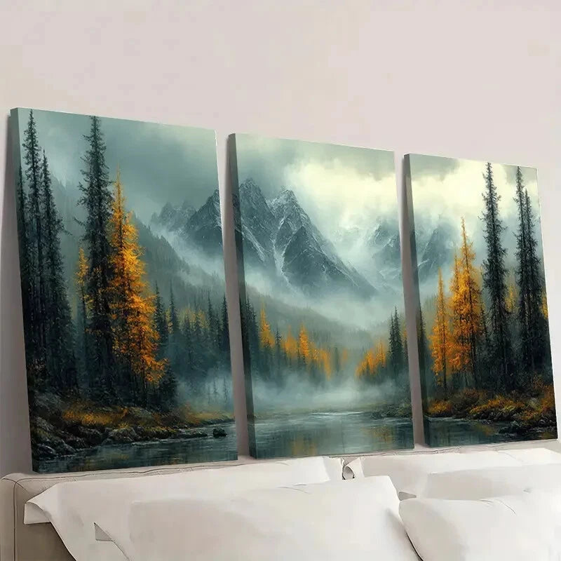 3pcs Foggy Mountain Forest Landscape Wall Art Set Canvas Framed 50x70cm - High Quality Print 100% Australian Made Wall Canvas Ready to Hang - Bella Home Decor
