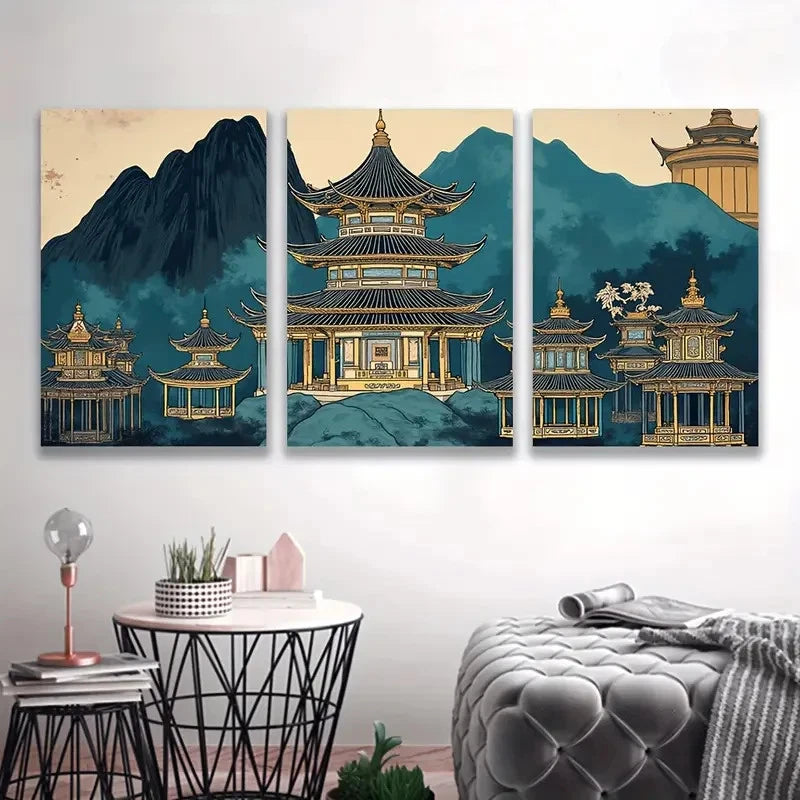 3pcs Japanese Pagoda Landscape Triptych  Wall Art Set Canvas Framed 50x70cm - High Quality Print 100% Australian Made Wall Canvas Ready to Hang