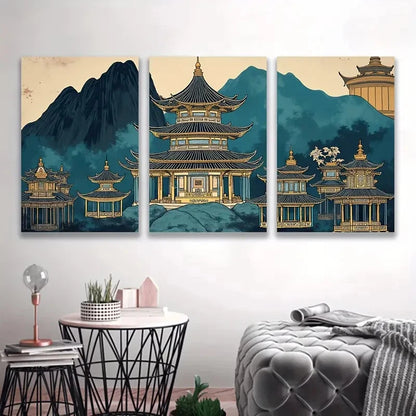 3pcs Japanese Pagoda Landscape Triptych  Wall Art Set Canvas Framed 50x70cm - High Quality Print 100% Australian Made Wall Canvas Ready to Hang