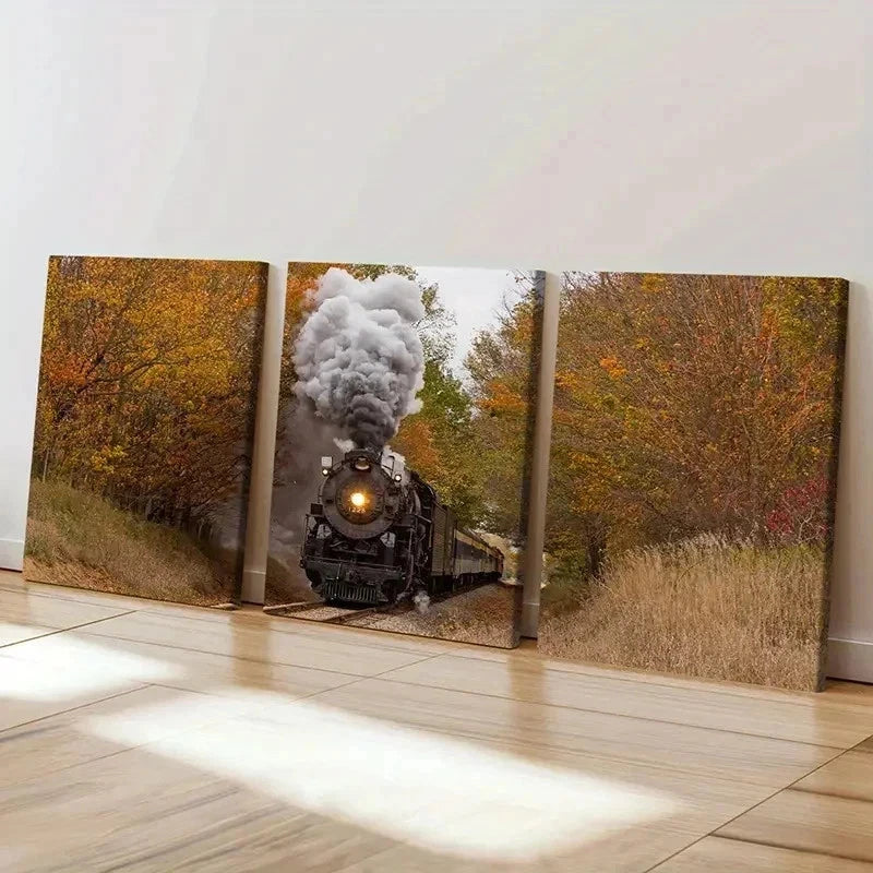 3pcs Vintage Steam Train with Autumnal Trees Wall Art Set Canvas Framed 60x90cm - High Quality Print 100% Australian Made Wall Canvas Ready to Hang