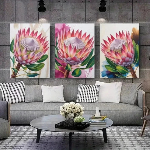 3pcs Protea Flower, Green Leaves Wall Art Canvas Unframed - High Quality Print 100% Australian Made Wall Canvas