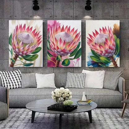 3pcs Protea Flower, Green Leaves Wall Art Canvas Unframed - High Quality Print 100% Australian Made Wall Canvas
