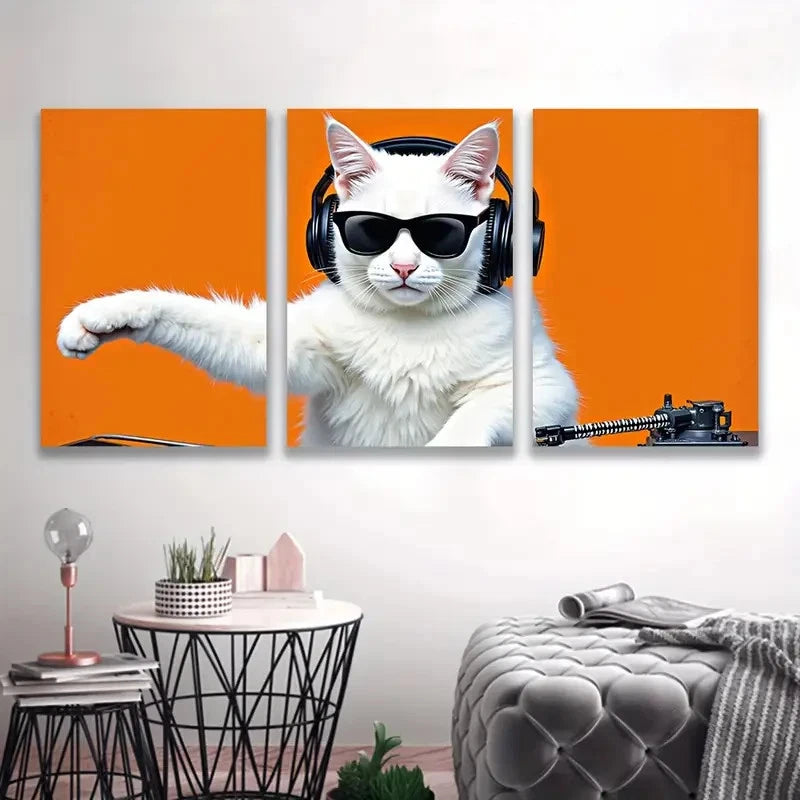 3pcs Turkish Angora cat with Fashion Glasses Wall Art Set Canvas Framed 50x70cm - High Quality Print 100% Australian Made Wall Canvas Ready to Hang - Bella Home Decor
