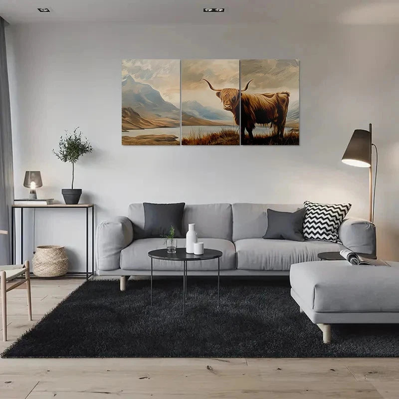 3pcs Scenic Landscape Highland Cow Metal Print Ready to Hang Art - Bella Home Decor