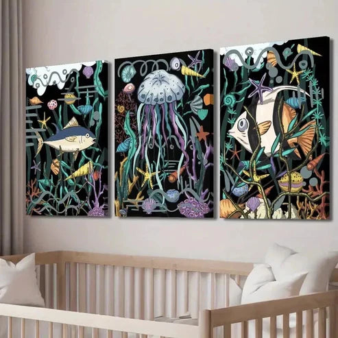3pcs Cartoon Fish Jellyfish Shells And Corals Wall Art Set Canvas Unframed - High Quality Print 100% Australian Made Wall Canvas - Bella Home Decor