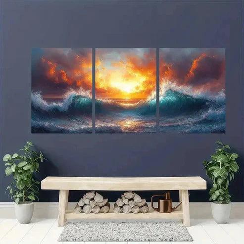 3pcs Depiction Of Ocean Waves luminated By Sun Wall Art Canvas Unframed - High Quality Print 100% Australian Made Wall Canvas - Bella Home Decor