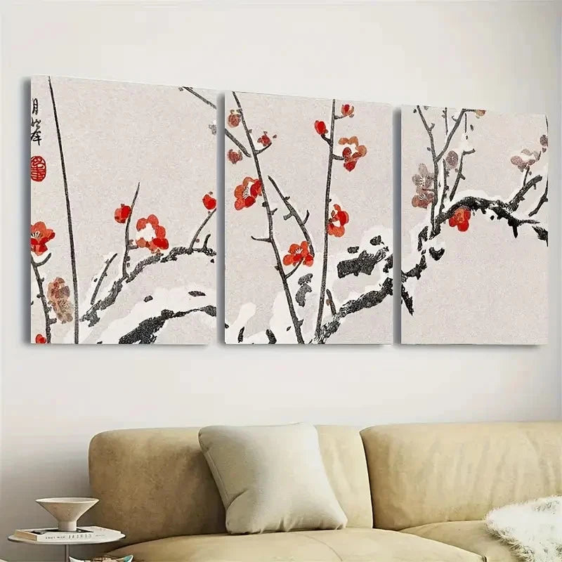 3pcs Flowering Plums in Snow Wall Art Set Canvas Framed 50x70cm - High Quality Print 100% Australian Made Wall Canvas Ready to Hang - Bella Home Decor