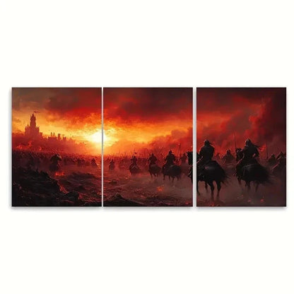 3pcs Medieval Battle Fiery Sky ER  Wall Art Set Canvas Framed 60x90cm - High Quality Print 100% Australian Made Wall Canvas Ready to Hang