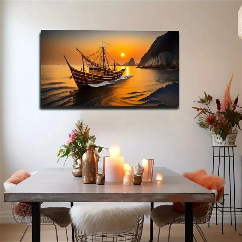 Ancient Ships Romantic Sunsets Wall Art Canvas Office Home Room Framed 120x60cm