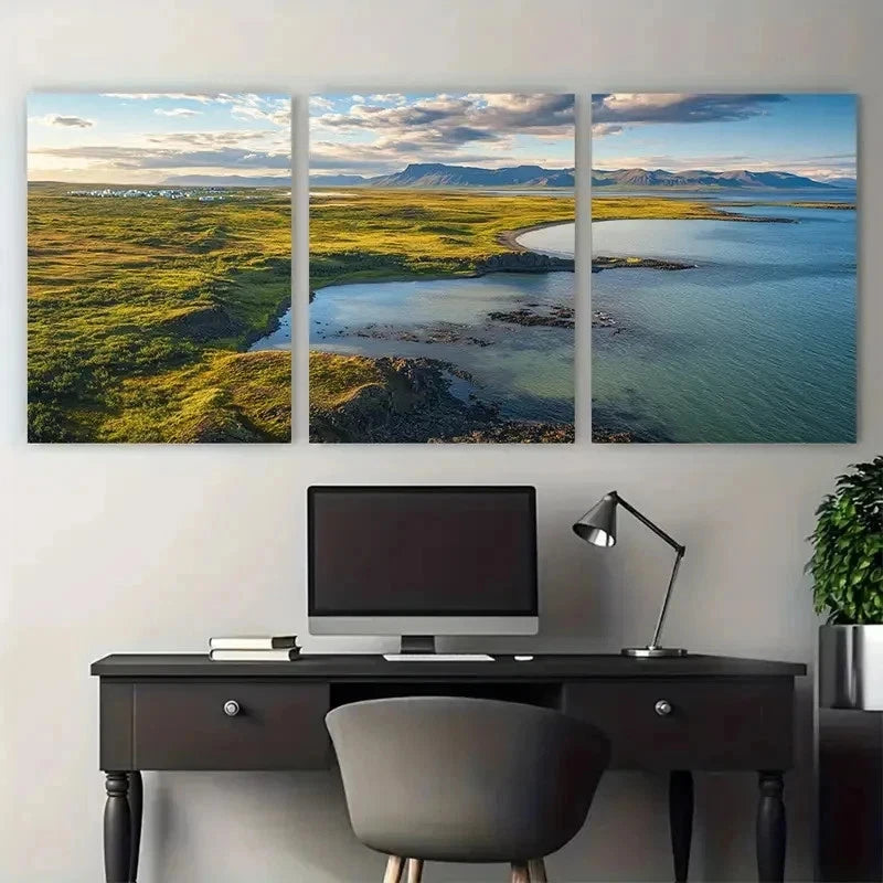 3pcs Serene Green Hills & Blue Waters Perfect Wall Art Set Canvas Framed 50x70cm - High Quality Print 100% Australian Made Wall Canvas Ready to Hang