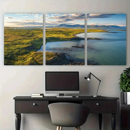 3pcs Serene Green Hills & Blue Waters Perfect Wall Art Set Canvas Framed 50x70cm - High Quality Print 100% Australian Made Wall Canvas Ready to Hang