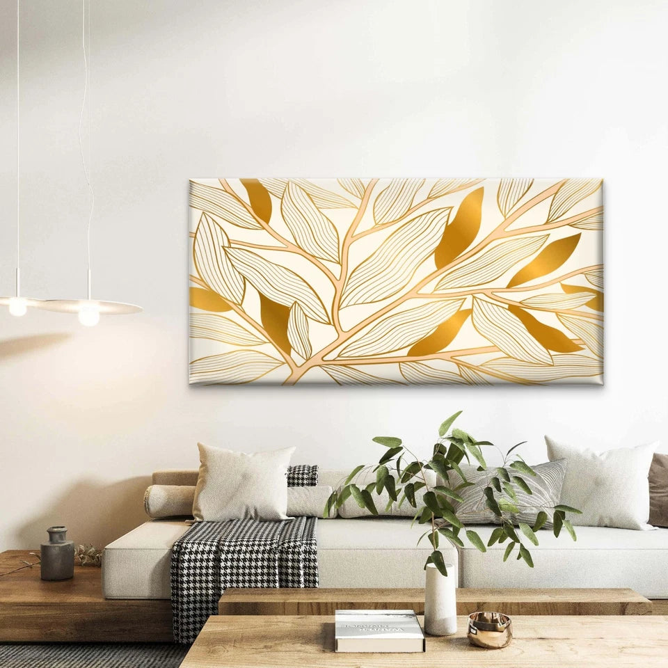 Golden Leaf Pattern Art Wall Art Canvas Office Home Room Framed 120x60cm - Bella Home Decor