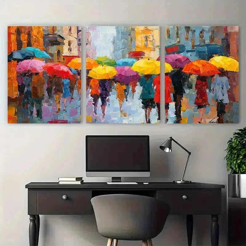 3pcs Vibrant Rainy Street Scene Perfect Wall Art Set Canvas Framed 50x70cm - High Quality Print 100% Australian Made Wall Canvas Ready to Hang