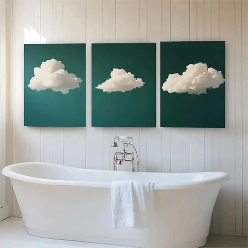 3pcs Dreamy White Clouds on Deep Green Perfect Wall Art Canvas Unframed - High Quality Print 100% Australian Made Wall Canvas - Bella Home Decor