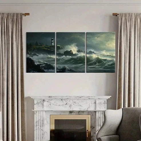 3pcs Lighthouse Overlooking Stormy Sea Waves Wall Art Canvas Unframed - High Quality Print 100% Australian Made Wall Canvas