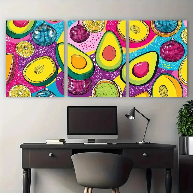 3pcs Vibrant Disco Ball & Avocado Preppy Perfect Wall Art Set Canvas Framed 40x60cm - High Quality Print 100% Australian Made Wall Canvas Ready to Hang