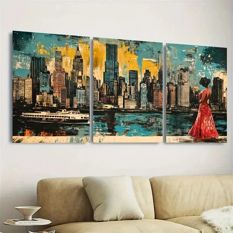 3pcs Cityscape Elegant Dress Urban Wall Art Set Canvas Framed 60x90cm - High Quality Print 100% Australian Made Wall Canvas Ready to Hang - Bella Home Decor