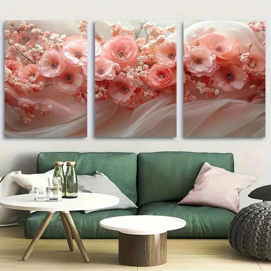 3pcs Bridal Veil Floral Cottagecore Pink Design Wall Art Set Canvas Framed 60x90cm - High Quality Print 100% Australian Made Wall Canvas Ready to Hang - Bella Home Decor