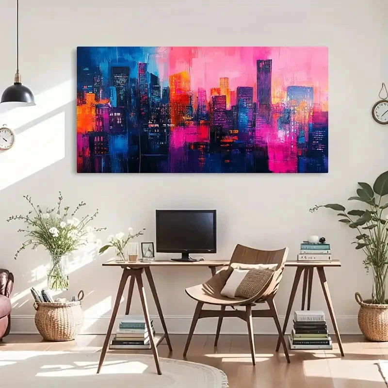 Skyline Modern Night Neon Wall Art Canvas Office Home Room Framed 120x60cm - Bella Home Decor
