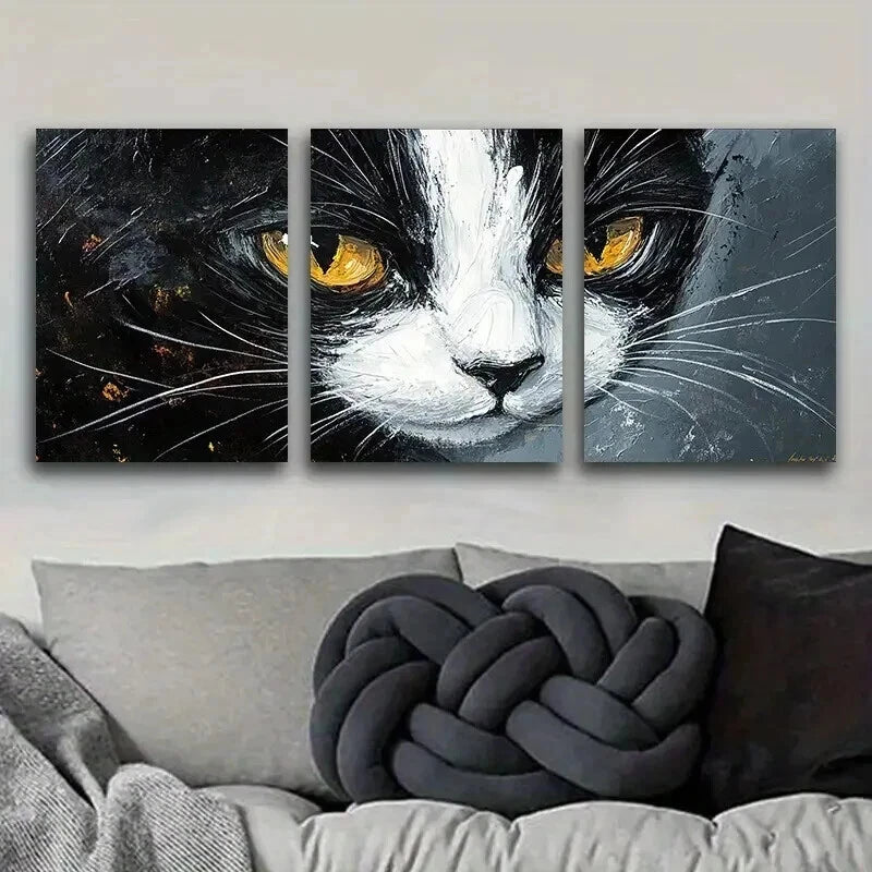 3pcs Black And White Tuxedo Cat Decor Wall Art Set Canvas Framed 50x70cm - High Quality Print 100% Australian Made Wall Canvas Ready to Hang - Bella Home Decor