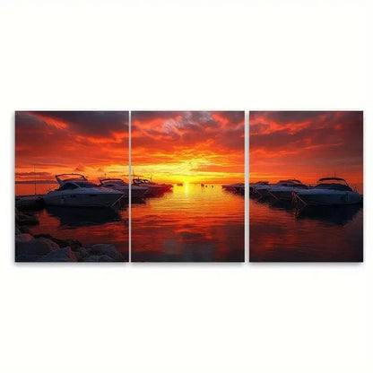 3pcs Boats Docked Under Fiery Orange Sunset ET Wall Art Set Canvas Framed 50x70cm - High Quality Print 100% Australian Made Wall Canvas Ready to Hang - Bella Home Decor