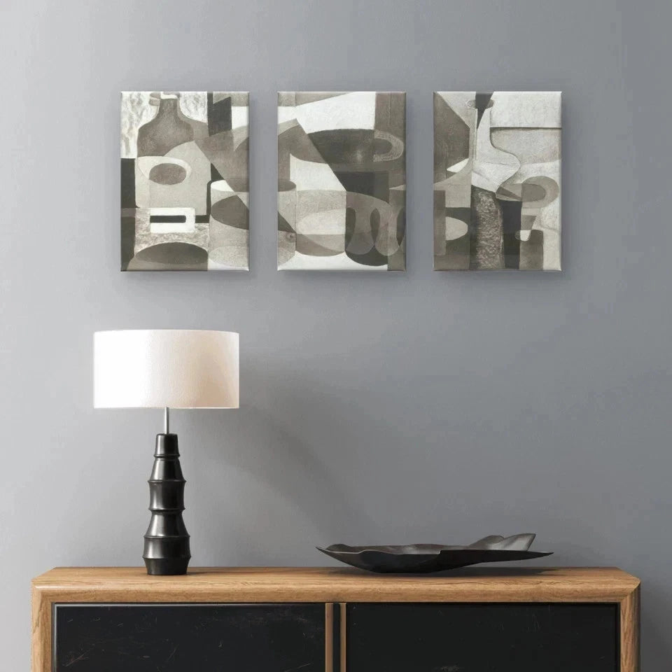 3pcs Monochrome Abstract Geometric Neutral Wall Art Set Canvas Framed 50x70cm - High Quality Print 100% Australian Made Wall Canvas Ready to Hang