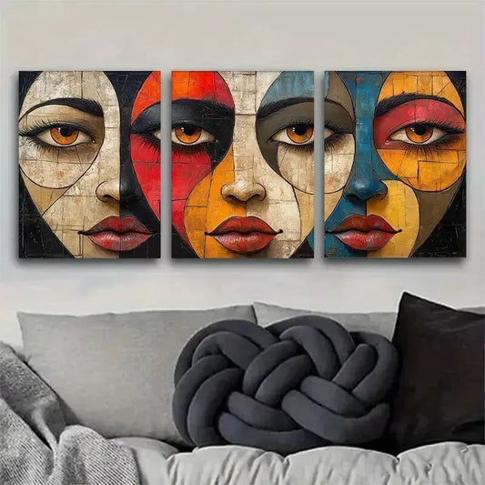 3pcs Colorful Face Charm Artistic Style Wall Art Set Canvas Framed 50x70cm - High Quality Print 100% Australian Made Wall Canvas Ready to Hang