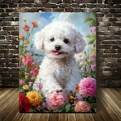 Cute Bichon Frise Puppy with Vibrant Flowers Painting 40x60cm Metal Print Ready to Hang - Bella Home Decor