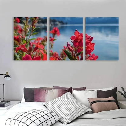 3pcs Vibrant Red Blooms Near Calm Blue Lake   Wall Art Set Canvas Framed 60x90cm - High Quality Print 100% Australian Made Wall Canvas Ready to Hang