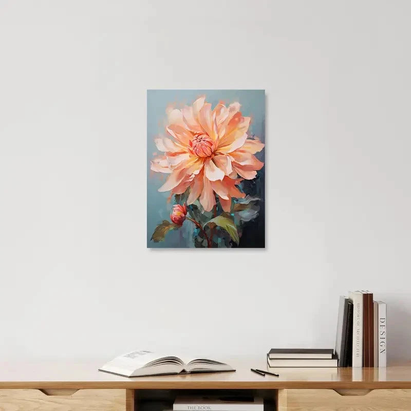 Framed floral artwork on a wall above a wooden shelf with books and an open book.