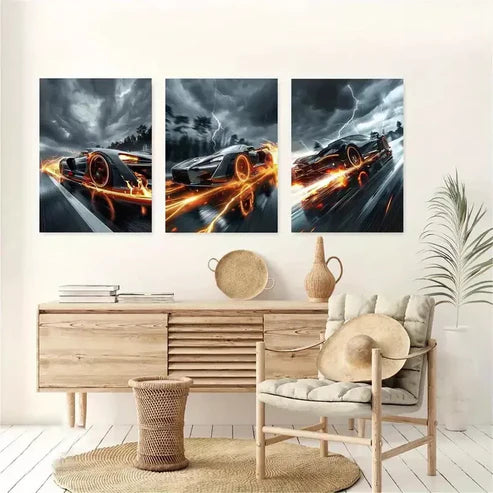 3pcs Creative Elegant Sports Car at Night Canvas Unframed - High Quality Print 100% Australian Made Wall Canvas - Bella Home Decor