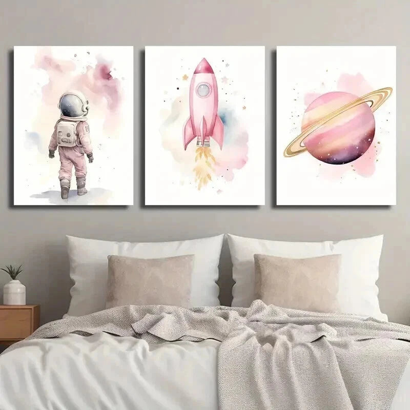 3pcs Astronaut & Rocket Themes Wall Art Set Canvas Framed 50x70cm - High Quality Print 100% Australian Made Wall Canvas Ready to Hang