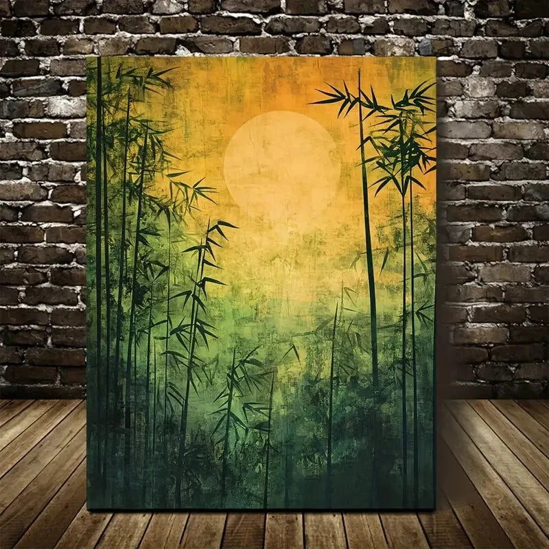 Beautiful Serene Bamboo Forest with Sunlit Painting 40x60cm Metal Print Ready to Hang - Bella Home Decor