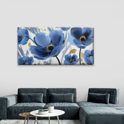 Blue Flowers On A White Wall Art Canvas Office Home Room Framed 120x60cm