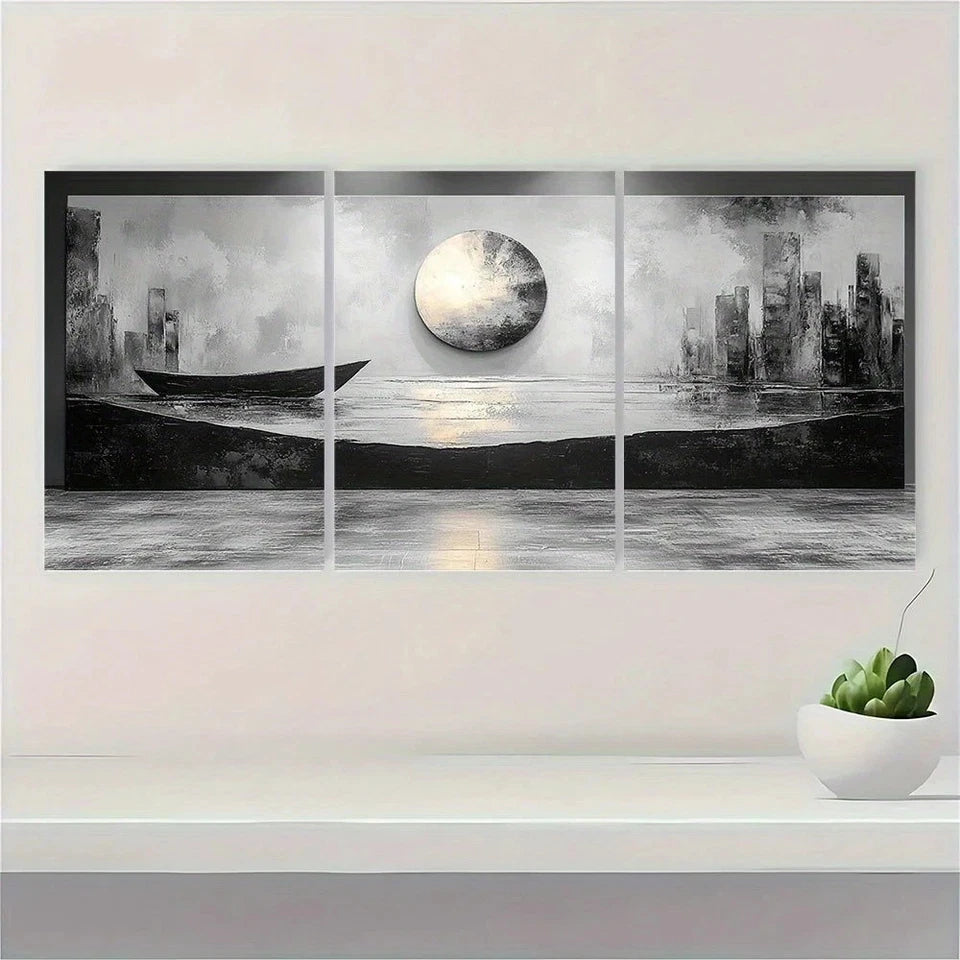 3pcs Black and White Abstract Metal Print Ready to Hang Art - Bella Home Decor
