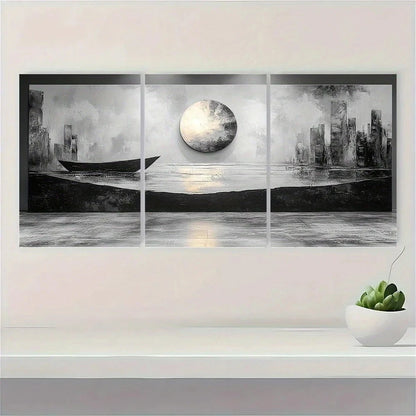 3pcs Black and White Abstract Metal Print Ready to Hang Art - Bella Home Decor