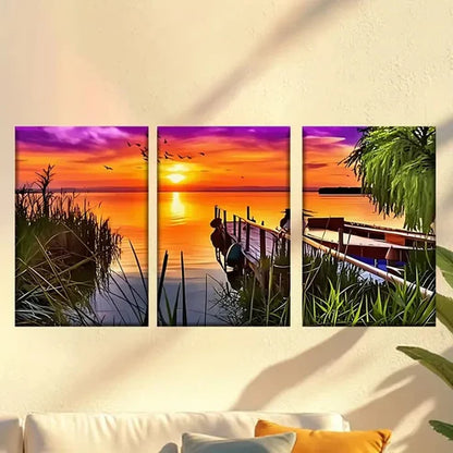3pcs Serene Lake Sunset Scene with Boat Wall Art Set Canvas Unframed - High Quality Print 100% Australian Made Wall Canvas