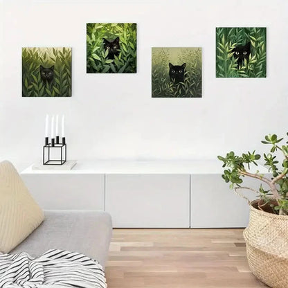 4pcs Black Cat In Green Leaves Picture Wall Art Canvas Framed