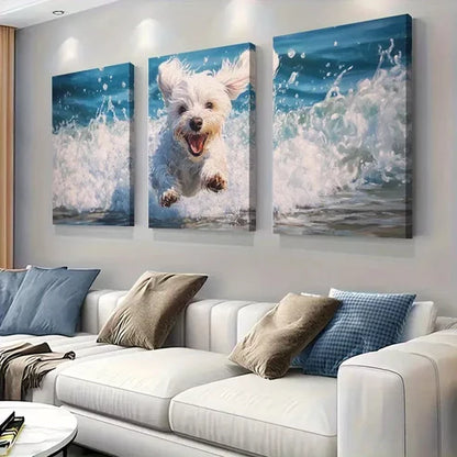 3pcs Playful White Dog Jumping in Ocean Waves Wall Art Set Canvas Unframed - High Quality Print 100% Australian Made Wall Canvas
