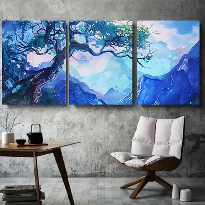 3pcs Enchanted Blue Mountain Tree Wall Art Set Canvas Unframed - High Quality Print 100% Australian Made Wall Canvas
